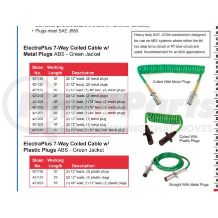 421204 by TRAMEC SLOAN - Cable, ABS, Coil, 7-Way Metal, ABS Green, 20', 12 Leads