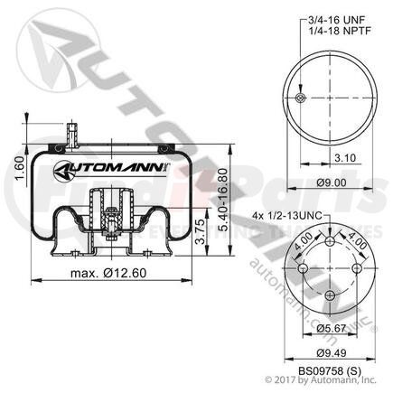 AB1DK23I-9807 by AUTOMANN - Air Spring - Rolling Lobe, 15.50 in. Extended, 4.50 in. Collapsed, 9.00 in. OD Top Plate