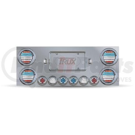 TU-9001LFCP. by TRUX - Stainless Steel Rear Center Panel With 4 - 4 Inch Patriot (RWB) & 6 - 2 Inch Dual Flatline LEDS With Bezels - 2 License LEDs   L: 33.625" | W: 12.375"  Material 430 Stainless Steel