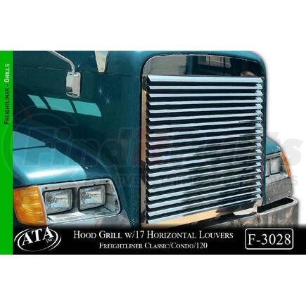 F-3028 by ARANDA - Hood Grill w/17 Horizontal Louvers Make Freightliner Model Classic/Condo/ 120 Size 42x36 Units 1 Unit Material S.S. Gauge 18G Alloy #430 Finish BA Shipping Measurements 43x39x2=30lbs