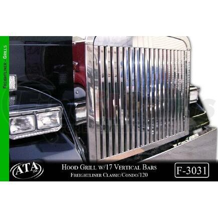 F-3031 by ARANDA - Hood Grill w/17 Vertical Bars Make Freightliner Model Classic/Condo/ 120 Size 42x36 Units 1 Unit Material S.S. Gauge 18G Alloy #430 Finish BA Shipping Measurements 43x38x2=35lbs