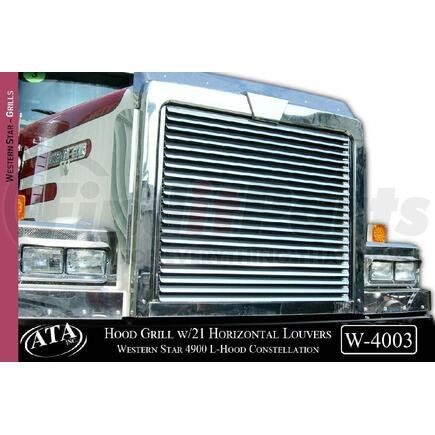 W-4003 by ARANDA - Hood Grill w/21 Horizontal Louvers Make Western Star Model 4900 L-Hood Years '01-'14 Size 42x34 Material S.S. Gauge 18G Alloy #430 Finish BA Shipping Measurements 50x43x2=43lbs