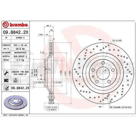 09.8842.2X by BREMBO - Premium UV Coated Rear Xtra Cross Drilled Brake Rotor