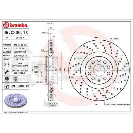 09.C306.1X by BREMBO - Premium UV Coated Front Xtra Cross Drilled Brake Rotor