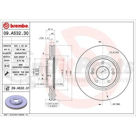 09.A532.31 by BREMBO - Premium UV Coated Front Brake Rotor
