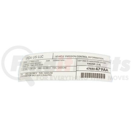 47480910AA by MOPAR - Emission Label - For 2016 Jeep Cherokee