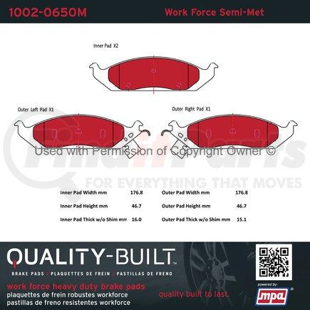 1002-0650M by MPA ELECTRICAL - Quality-Built Work Force Heavy Duty Brake Pads w/ Hardware