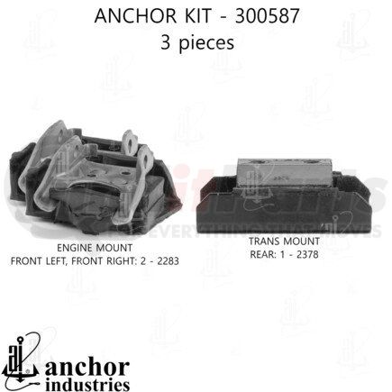 300587 by ANCHOR MOTOR MOUNTS - Engine Mount Kit - 3-Piece Kit, (2) Front R/L Engine Mount, (1) Rear Trans Mount