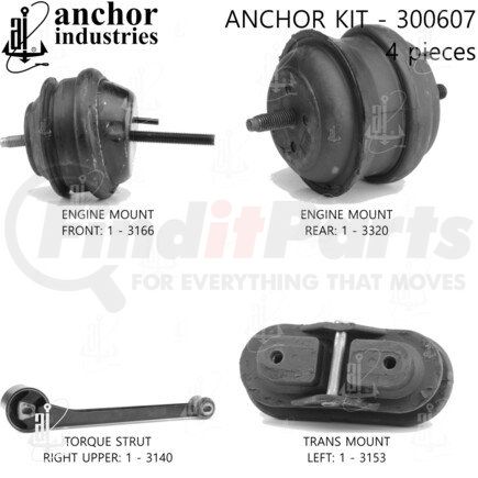 300607 by ANCHOR MOTOR MOUNTS - Engine Mount Kit - 4-Piece Kit, (2) Engine Mount Front/Rear, (1) Torque Strut, (1) Trans Mount