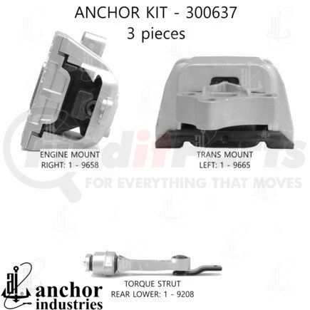 300637 by ANCHOR MOTOR MOUNTS - Engine Mount Kit - 3-Piece Kit, (1) Engine Mount Right, (1) Torque Strut Rear Lower, (1) Trans Mount Left