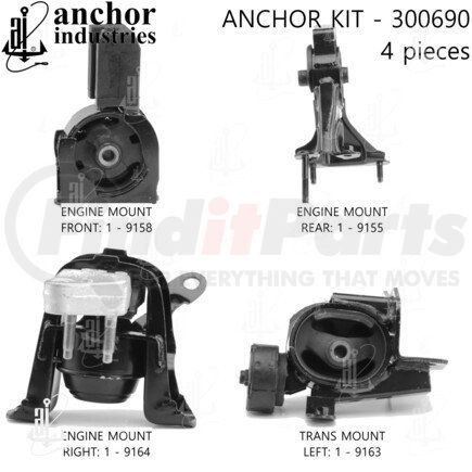 300690 by ANCHOR MOTOR MOUNTS - Engine Mount Kit - 4-Piece Kit, (3) Engine Mount Front/Right/Rear, (1) Trans Mount