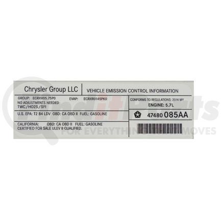 47480085AA by MOPAR - Emission Label - For 2014 Dodge Charger/Challenger/Chrysler 300