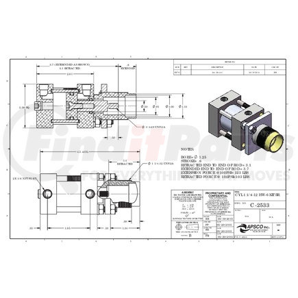 APSCO C-2533 Hydraulic Cylinder Hydraulic Cylinder - Dump Pump Actuator, Non-Metering, Williams