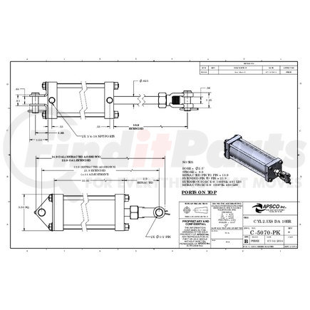 C-5070-PK by APSCO - Hydraulic Cylinder - Tailgate Latch, 2.5" Bore x 8" Stroke, Double Acting