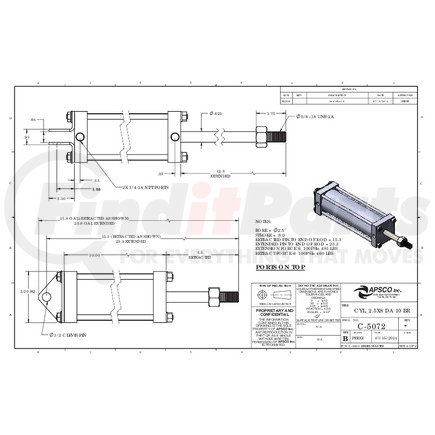 C-5072 by APSCO - Hydraulic Cylinder - Tailgate Latch, 2.5" Bore x 8" Stroke, Double Acting