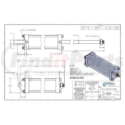 C-5094 by APSCO - Hydraulic Cylinder - Tailgate Latch, 2.5" Bore x 8" Stroke, Double Acting