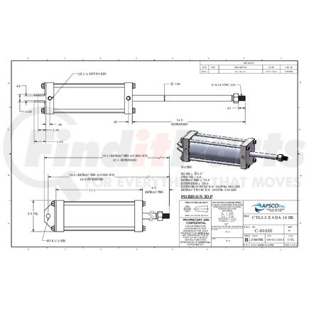 C-6023S by APSCO - Hydraulic Cylinder - Tailgate Latch, 3.5" Bore x 8" Stroke, Stainless Steel Rod