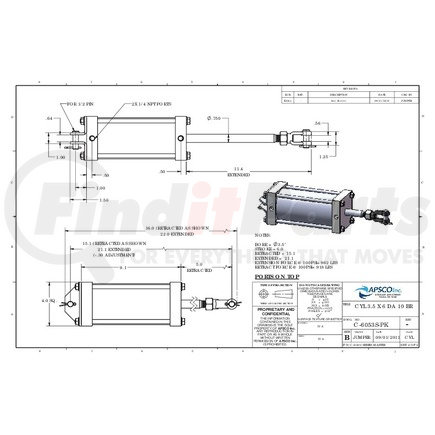 APSCO C-6053S-PK Hydraulic Cylinder Hydraulic Cylinder - Tailgate Latch, 3.5" Bore x 6" Stroke, Stainless Steel Rod