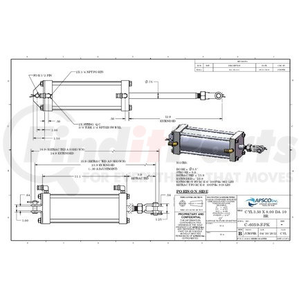 C-6059-F-PK by APSCO - Hydraulic Cylinder - Tailgate Latch, 3.5" Bore x 8" Stroke, with Fittings