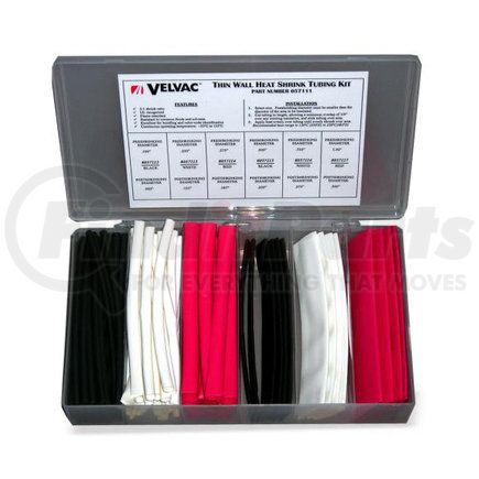 057111 by VELVAC - Heat Shrink Tubing - Total Pieces 86: 36 pcs 3/16" Black, 24 pcs 1/4" White, 12 pcs 3/8" Red, 6 pcs 1/2" Black, 4 pcs 3/4" White, 4 pcs 1" Red