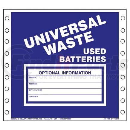JJ Keller 13814 Universal Waste Labels, Used Batteries - Vinyl - Universal Waste, Used Batteries - Vinyl