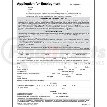 JJ Keller 3216 Driver's Application for Employment - Paper - Form