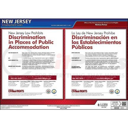 JJ Keller 39470 New Jersey Discrimination in Public Accommodations Poster - Laminated Poster