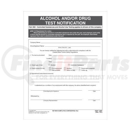 3047 by JJ KELLER - Alcohol and/or Drug Test Notification - Padded Format - Padded format, 50 forms per pad