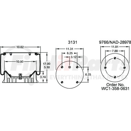 W013589206 by FIRESTONE - Air Spring - 17.00" Extended, 5.30" Compressed, 11.31" Wdith Top Plate, Reversible Sleeve