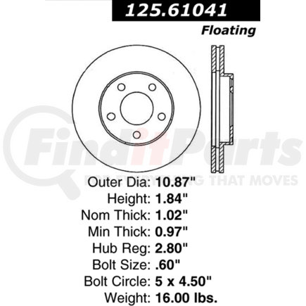 Centric 125.61041 Disc Brake Rotor Premium High-Carbon Rotor
