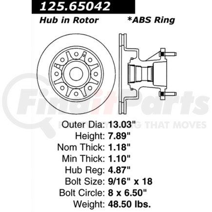 Centric 125.65042 Disc Brake Rotor and Hub Assembly Centric Premium High Carbon Alloy Brake Rotor