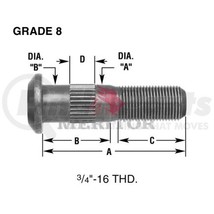 09001996 by MERITOR - Wheel Stud - LH Thread Direction, Serrated, 0.89" Body Length, 3/4"-16