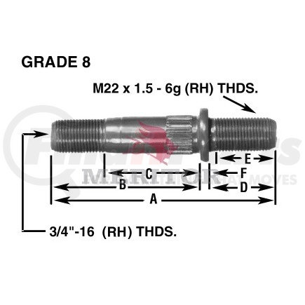 09002140 by MERITOR - Wheel Stud - 0.50" Serration, 5-5/8" Length, 10.9 Grade, M22 x 1.5 Wheel End