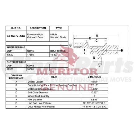 0415972002 by MERITOR - Hub Assembly - Rear, Right or Left, with Races