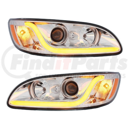 KIT1000 by UNITED PACIFIC - Peterbilt Projection Headlights Pair w/ Chrome Trim & LED Light Bar