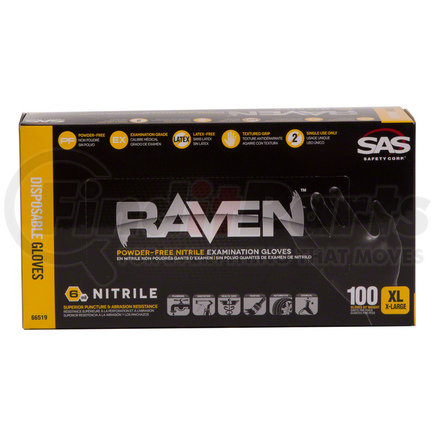 66519 by SAS SAFETY CORP - Raven Nitrile Disposable Glove (Powder-Free) - Black, 6 mil Thick, 100 Gloves/Box, Extra Large (XL)