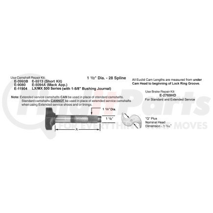 E9680 by EUCLID - Brake Camshaft - RH, Drive Axle, 16.50 in. Brake Diameter, Q Plus, 14.75 in. Length (Meritor)