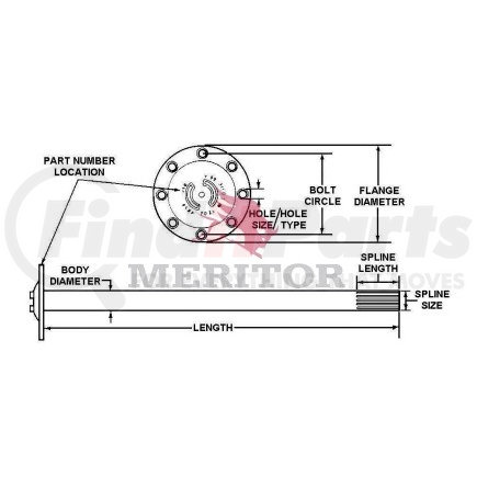 3202A8815 by MERITOR - Axle Shaft - 2.25" Body Dia, 7.00" Bolt Circle, 8.38" Flange, 41.73", 46 Spline Count, 9.14" Spline