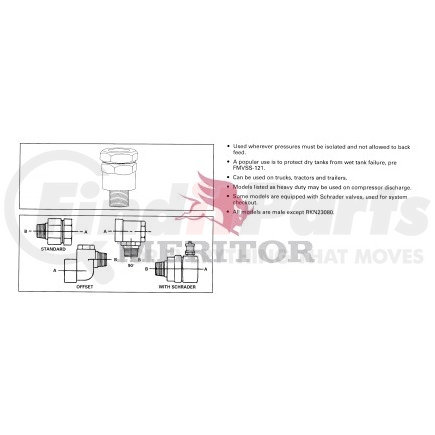 RKN23060 by MERITOR - Air Brake Single Check Valve - 1/2 in. Inlet/Outlet, 1.85 in. Length, Style 2 Brass-90 deg. Style