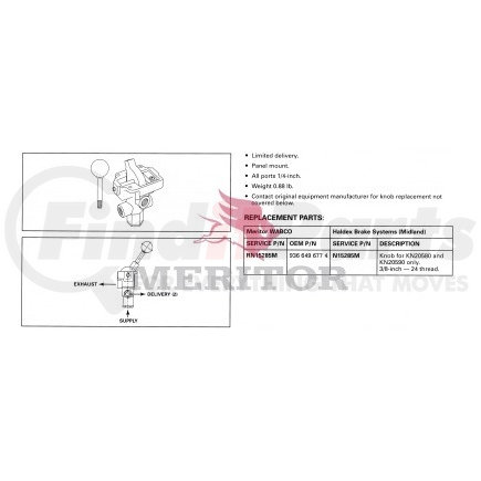 RKN20590 by MERITOR - Trailer Brake Control - Hand Operated, 1/4 in. Port, 58 degrees Travel, Panel Mount