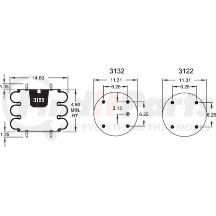 W013587818 by FIRESTONE - Air Spring - Triple Convulated, 4.80" Compressed, 11.31" Width Top Plate