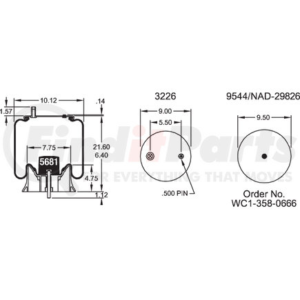 W013589936 by FIRESTONE - Air Spring - 21.60" Extended, 6.40" Compressed, 9.00" Wdith Top Plate, Reversible Sleeve