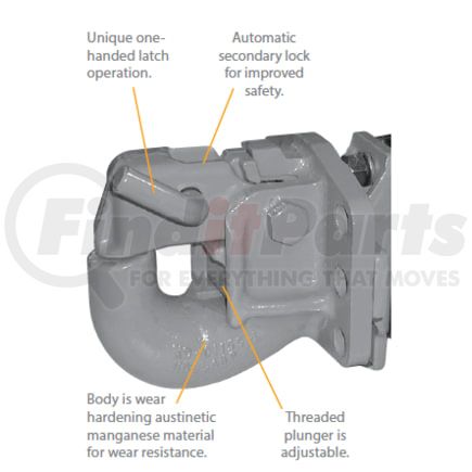 PH-300 by SAF-HOLLAND - Trailer Hitch Pintle Hook - 72,000 lbs. MGTW, Rigd Air Cushioned, 6-Bolts, Black Armour