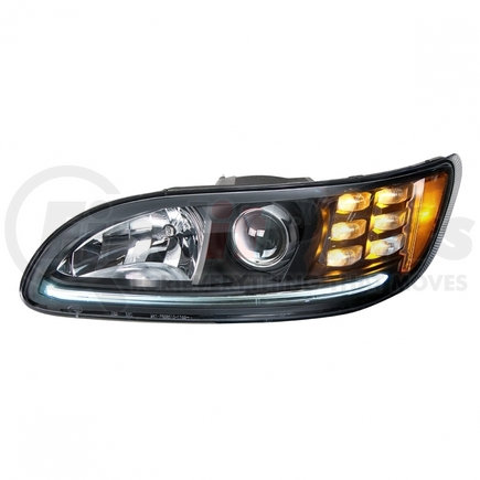 35810 by UNITED PACIFIC - Projection Headlight Assembly - LH, Black Housing, High/Low Beam, H11/HB3 Bulb, with Amber 6 LED Signal Light, White LED Position Light and LED Side Marker, Back Cover Included