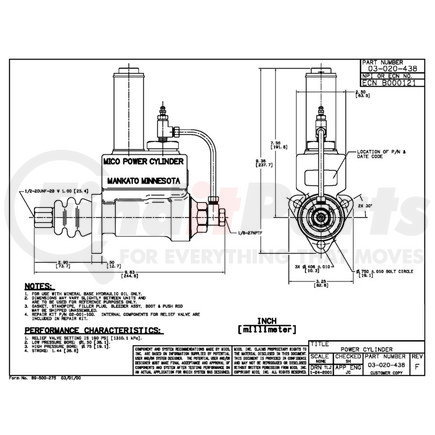 03-020-438 by MICO - Brake Master Power Cylinder - Two Stage, Hydraulic Oil Type, 1-1/2" Large Bore Dia., 3/4" Small Bore Dia., 180 PSI, 1/8"-27NPTF Outlet Port