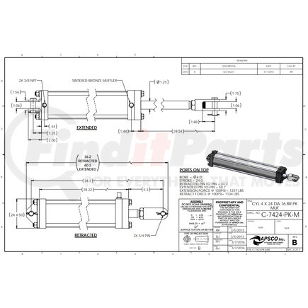 C-7424-PK by APSCO - Hydraulic Cylinder - Highlift Series, 4" Bore, 24" Stroke, Tie Rod Twin Cylinder