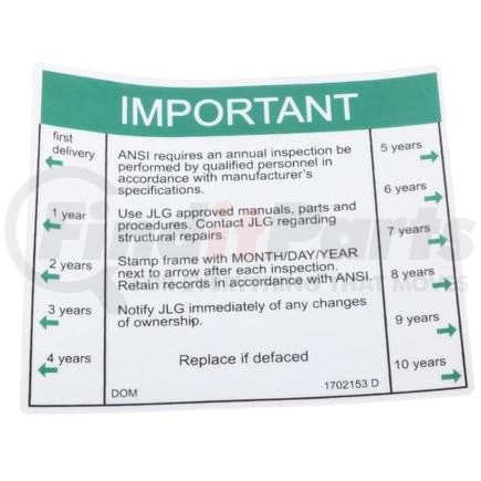 1702153 by JLG - JLG ORIGINAL OEM, DECAL, INSPECTION