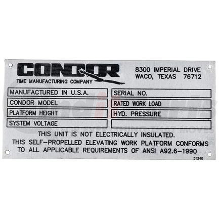 51340 by CONDOR - CONDOR ORIGINAL OEM, NAMEPLATE - SCISSOR IDEN ANSI A92.6-1990