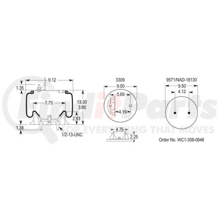 W013589616 by FIRESTONE - Air Spring - 13.30" Extended, 3.80" Compressed, 9.00" Wdith Top Plate, Reversible Sleeve