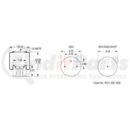 W013588864 by FIRESTONE - Air Spring - 24.50" Extended, 7.75" Compressed, 9.00" Width Top Plate, Reversible Sleeve